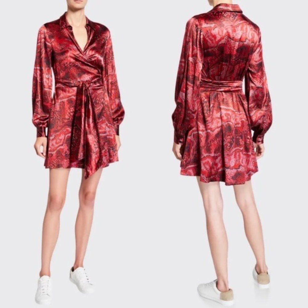GANNI Printed Satin Long Sleeve Wrap Dress - Picture 9 of 9